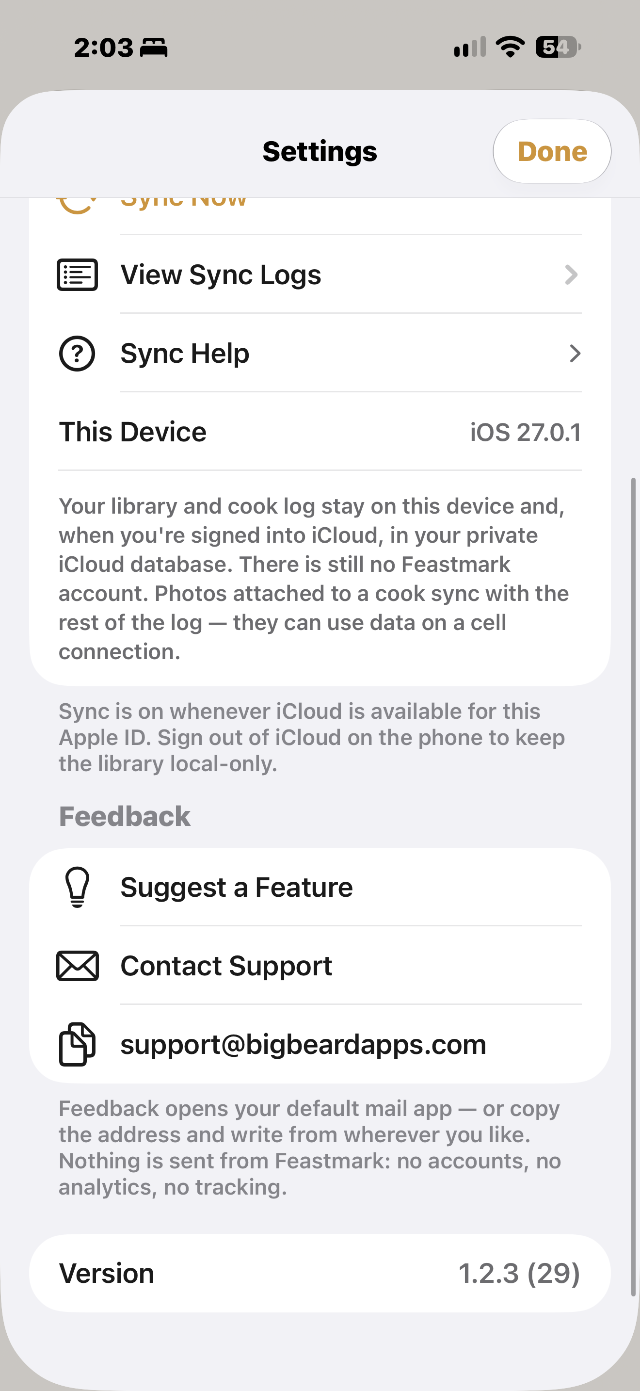 Feastmark Settings showing View Sync Logs, Sync Help, and the note that sync is on whenever iCloud is available for the Apple ID