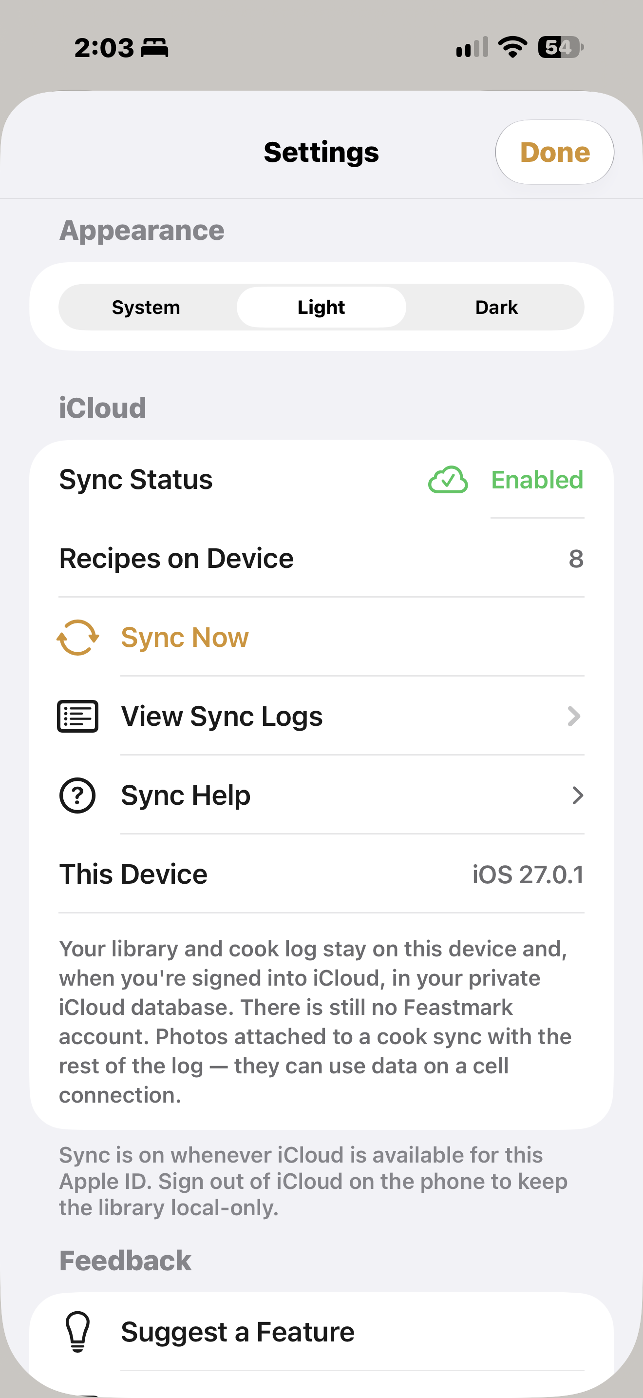 Feastmark Settings with the iCloud section showing Sync Status Enabled, Recipes on Device, Sync Now, View Sync Logs, and Sync Help