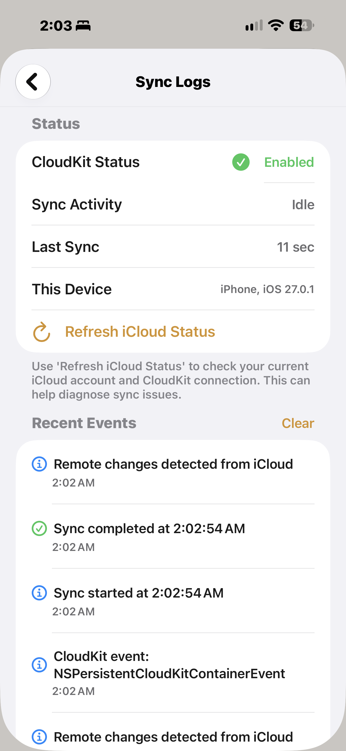 The Feastmark Sync Logs screen showing CloudKit Status Enabled, Sync Activity Idle, Last Sync, and Recent Events