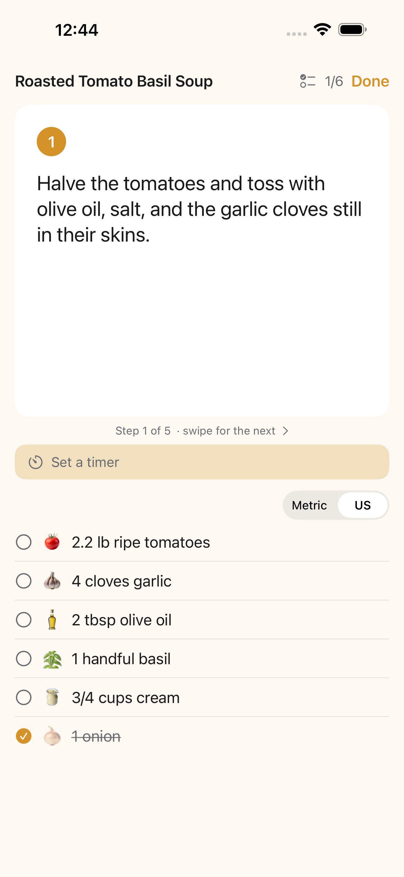 Feastmark Cook Mode showing a recipe step and ingredient checklist