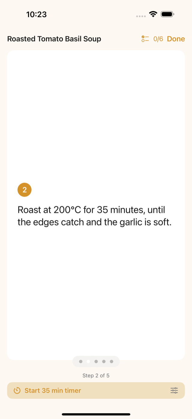 Feastmark Cook Mode on step 2 of 5 showing a Start 35 min timer button