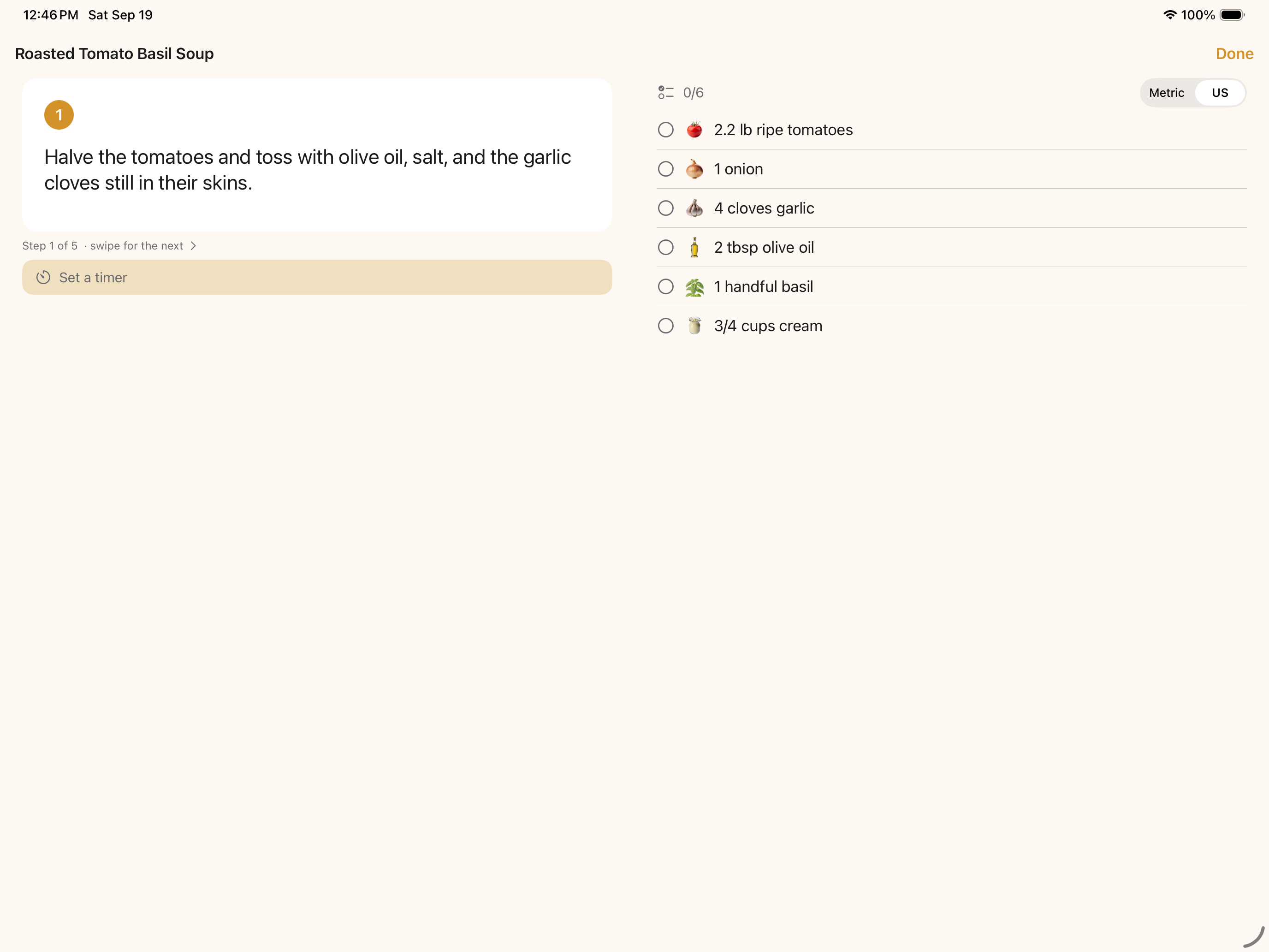 Feastmark Cook Mode on iPad in landscape, with the current step on the left and the ingredient checklist on the right