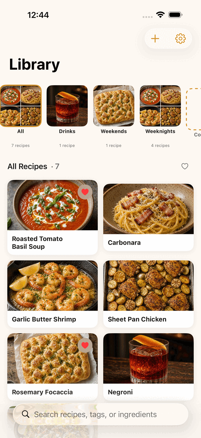 Feastmark recipe library with collections and saved recipe cards