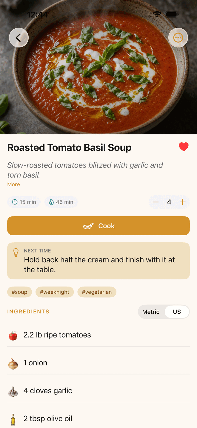 Feastmark recipe screen with ingredients, cooking notes, and a Cook button
